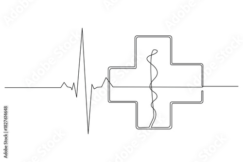 Continuous sketch of dna ecg line and medical cross