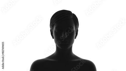 Mysterious dark silhouette of a human figure with short hair, facing forward against a solid dark transparent background, evoking anonymity. background removed