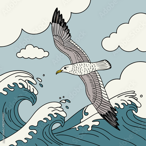 Flying seagull over waves – vector illustration