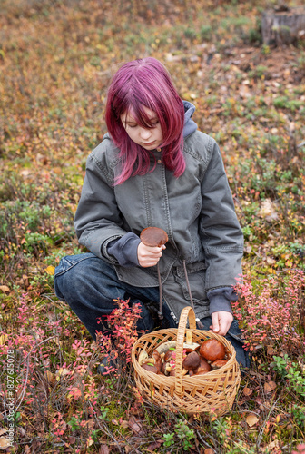 Girl foraging wild mushrooms in autumn forest