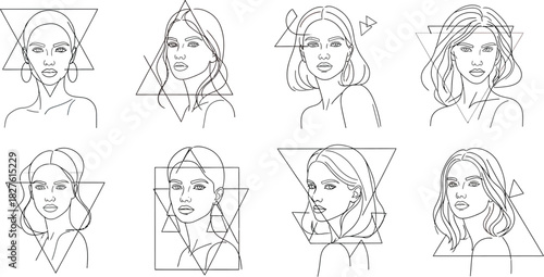 Minimalist line art of women's faces with geometric shapes on a white background