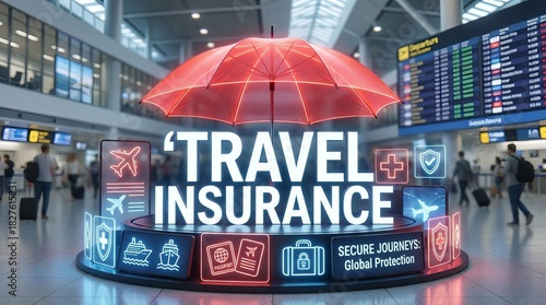 Travel insurance concept. ‘TRAVEL INSURANCE’ displayed under a protective red umbrella, emphasizing secure journeys and protection