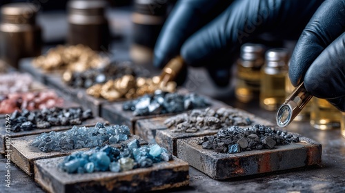 Gloved hand inspecting glittering gemstone samples with magnifying glass for innovative jewelry design and sophisticated mineralogy research