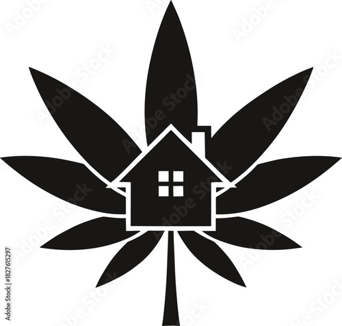 Cannabis Marijuana Leaf and House Logo Vector
