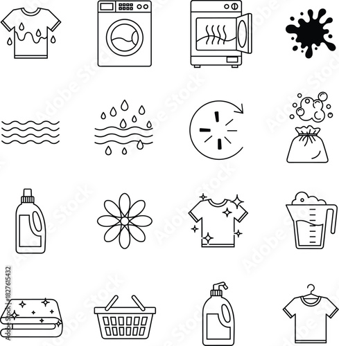 Laundry Washing and Cleaning Outline Icon Set Vector