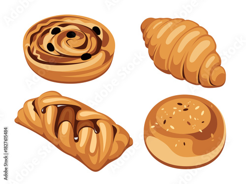 Set of buns isolated on a white background. Cartoon style. Sweets for fast food. Illustration for children.