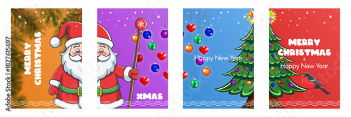 Vector set of holiday cards, posters and banners. Merry Christmas and Happy New Year. Cute cartoon Santa Claus with staff, festive glass balls, toon fir tree and bullfinch. Xmas and party