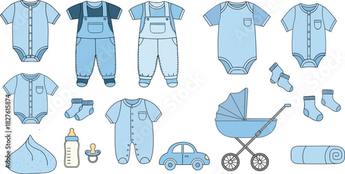 Collection of baby boy clothes and accessories in blue tones hand drawn style for baby shower invitations