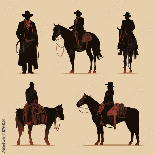 
set of Flat design cowboy with horse silhouette illustration.