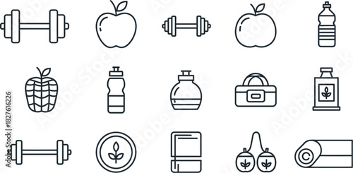 Fitness and wellness icons showing healthy lifestyle and exercise equipment