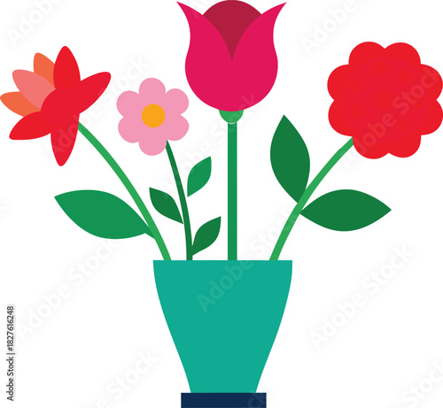 Vector illustration of a floral vase with tulips roses and carnations
