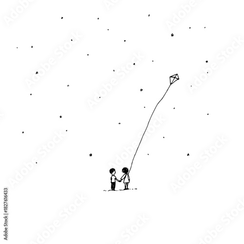 Minimalist children flying kite drawing vector illustration for kids room decor and wall art prints design