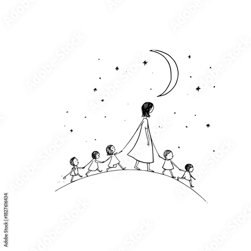 Illustration of mother leading children under moon and stars night sky drawing for kids and family art