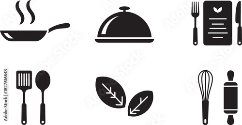 Assortment of Kitchen and Food Preparation Icons on White Background collection