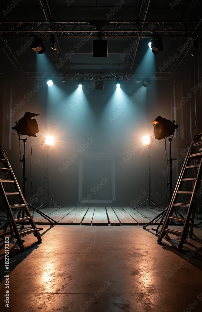 Fototapeta premium Dark empty movie set features bright stage lighting. Blue, orange spotlights shine through haze onto wooden floor. Pro studio production equipment, ladders, tech stands ready for filming, event, show.