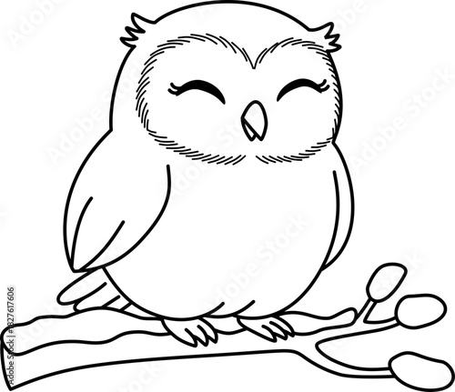 Cute Smiling Baby Owl Sitting on a Tree Branch, Black and White Line Art Cartoon Vector