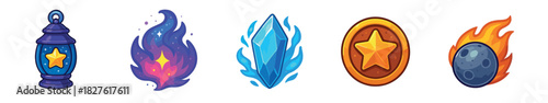 Set of vibrant cartoon fantasy game icons with a magic lantern, cosmic fire, ice crystal, star coin, and flaming meteor, representing elements for a video game user interface