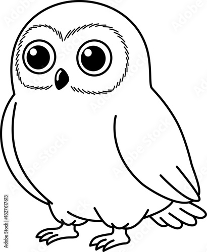 Simple Cute Baby Owl Standing Alone, Black and White Line Art Cartoon Vector Illustration