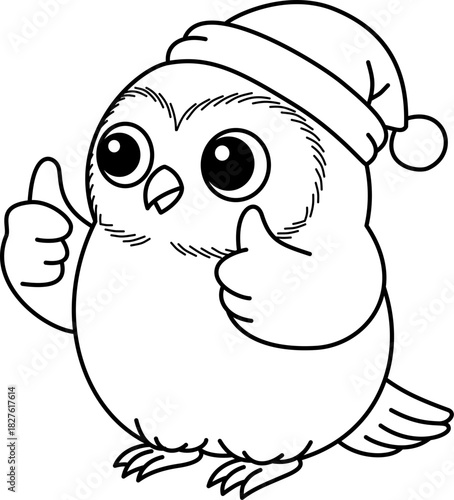 Cute Baby Owl in Santa Hat Giving Double Thumbs Up, Black and White Line Art Cartoon Vector