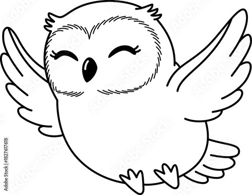 Cute Baby Owl Flying with Wings Spread, Black and White Line Art Cartoon Vector Illustration
