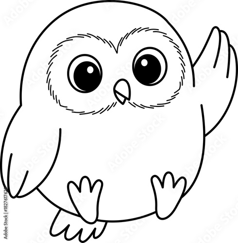 Cute Baby Owl Sitting and Waving Hand, Black and White Line Art Cartoon Vector Illustration