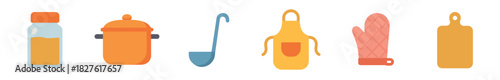 Colorful kitchen and cooking utensil icon set with a pot, ladle, apron, oven mitt, jar, and cutting board in a simple flat design isolated on white