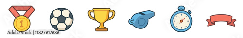 Set of colorful cartoon sports icons including a medal, soccer ball, trophy, whistle, stopwatch, and banner ribbon, illustrated in a flat style with bold outlines isolated on a white background