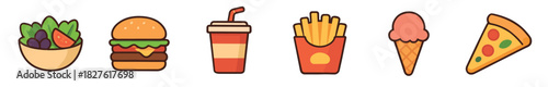 Set of cute cartoon fast food icons including salad, burger, soda, french fries, ice cream, and pizza in a simple flat design style isolated on a white background