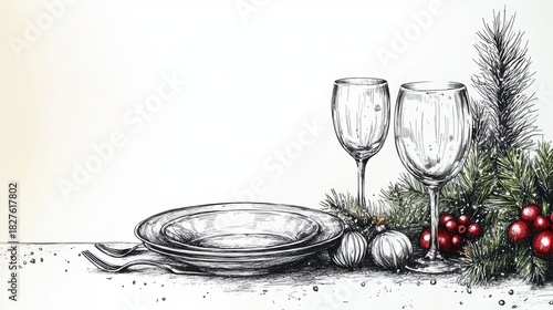 Cutlery set : plate, fork, spoon, knife,Table setting,top view,Vector hand drawn illustrations type of christmas dinner table,isolated illustration on white background,holiday greeting design.