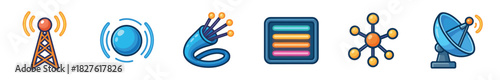 Set of six colorful communication technology icons with a radio tower, satellite dish, fiber optic cable, server, and network symbol in a modern cartoon style isolated on white