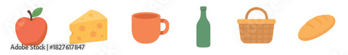 Set of colorful flat design picnic icons including an apple, cheese, mug, bottle, basket, and bread in a simple vector illustration style, isolated on a white background