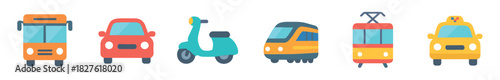 Colorful set of flat transportation icons including a bus, car, scooter, train, tram, and taxi arranged in a row, isolated on a white background