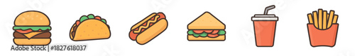 Set of colorful fast food icons including a hamburger, taco, hot dog, sandwich, soda, and fries in a flat cartoon style isolated on a white background