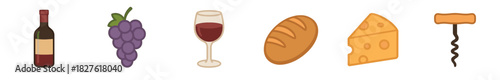 Set of wine and food icons including a bottle, grapes, glass, bread, cheese, and corkscrew in a flat cartoon style isolated on a white background