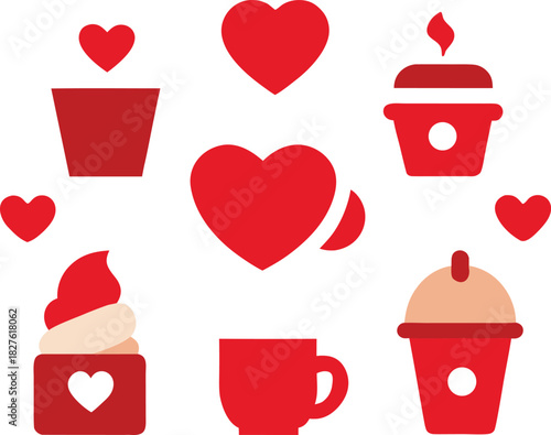 Red valentine coffee cup and heart vector icon bundle for romantic dates