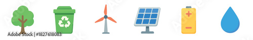 Set of colorful flat ecology icons representing renewable energy and sustainability, with a tree, recycle bin, wind turbine, solar panel, battery, and water drop, isolated on a white background