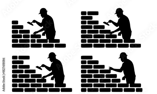 Construction Worker Laying Brick Wall Silhouettes: Masonry, Building, Labor, and Home Renovation Icons Set