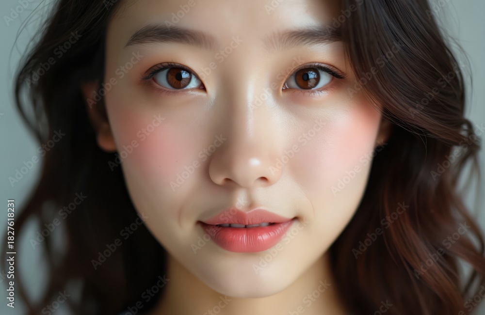 Fototapeta premium Extreme close up of beautiful young Asian woman face. Flawless, glowing skin with light blush, minimal makeup. Dark eyes look directly. Smiles gently, showing healthy pink lips. Natural beauty, fresh