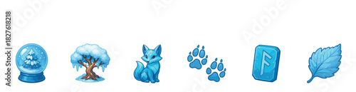 Set of winter fantasy game icons featuring a snow globe, snowy tree, crystal fox, paw prints, magic rune, and a frozen leaf, illustrated in a cute cartoon style on a white background