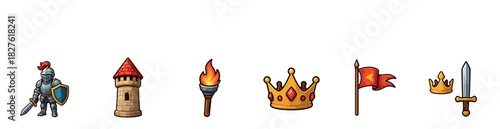 Set of medieval fantasy game icons featuring a knight, tower, torch, crown, flag, and sword, rendered in a vibrant, detailed cartoon illustration style isolated on white