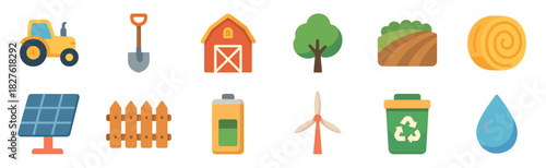 Diverse set of colorful flat style icons representing agriculture, farming, and ecology themes like a tractor, barn, solar panel, and recycling bin, isolated on white