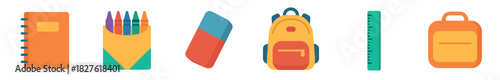 Set of colorful school supply icons including a notebook, crayons, eraser, backpack, ruler, and lunchbox in a flat design style, isolated on a white background