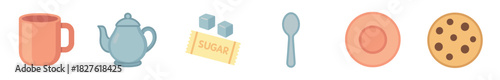 Collection of flat vector illustration icons for a tea party with a mug, teapot, sugar cubes, spoon, saucer, and a chocolate chip cookie isolated on white