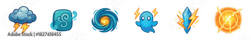 Set of six cartoon game spell icons representing elemental magic like storm, wind, vortex, ghost, crystal, and energy, isolated on a white background for a user interface