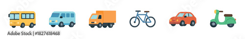Set of colorful flat design vehicle icons including a bus, van, truck, bicycle, car, and scooter arranged in a row and isolated on a white background