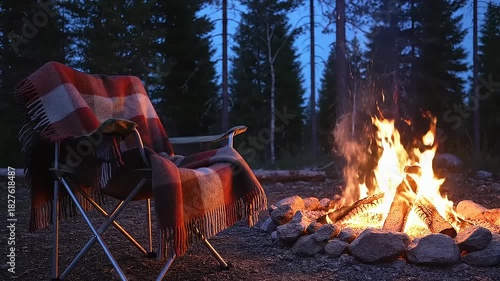 Cozy Campfire Scene: Empty Camping Chair with Warm Plaid Blanket Beside a Flickering Bonfire in a Serene Dark Forest at Dusk