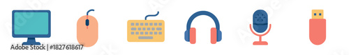 Colorful flat design icon set of computer peripherals including a monitor, mouse, keyboard, headphones, microphone, and flash drive, arranged in a row isolated on white