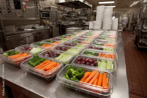 Prepackaged healthy fruits and vegetables in commercial kitchen