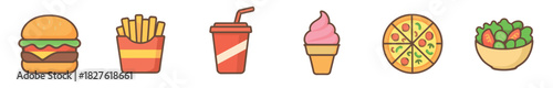Colorful set of six fast food icons including a burger, fries, soda, ice cream, pizza, and salad in a flat cartoon style isolated on a white background