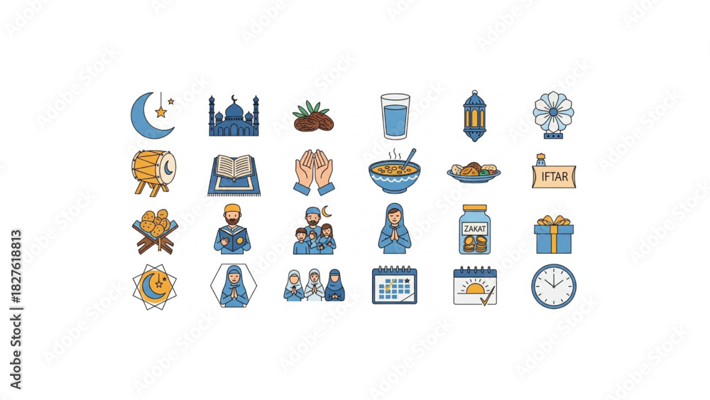 Fototapeta premium ramadan muslim icons set – fasting, prayer, food, mosque, lanterns 